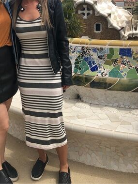 Spaghetti Strap Tight Midi Dress in Black, White & Taupe